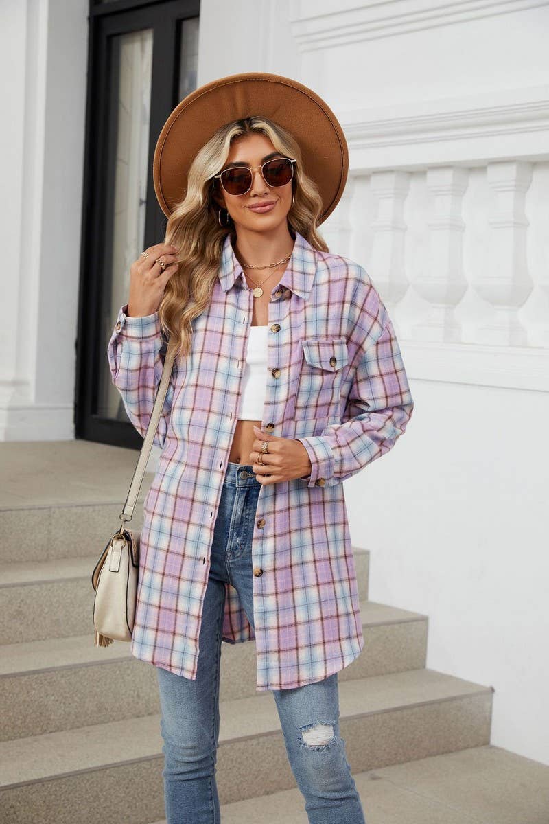 CWTBLL3745_AUTUMN AND WINTER STRIPED PLAID BUTTON-DOWN SHIRT