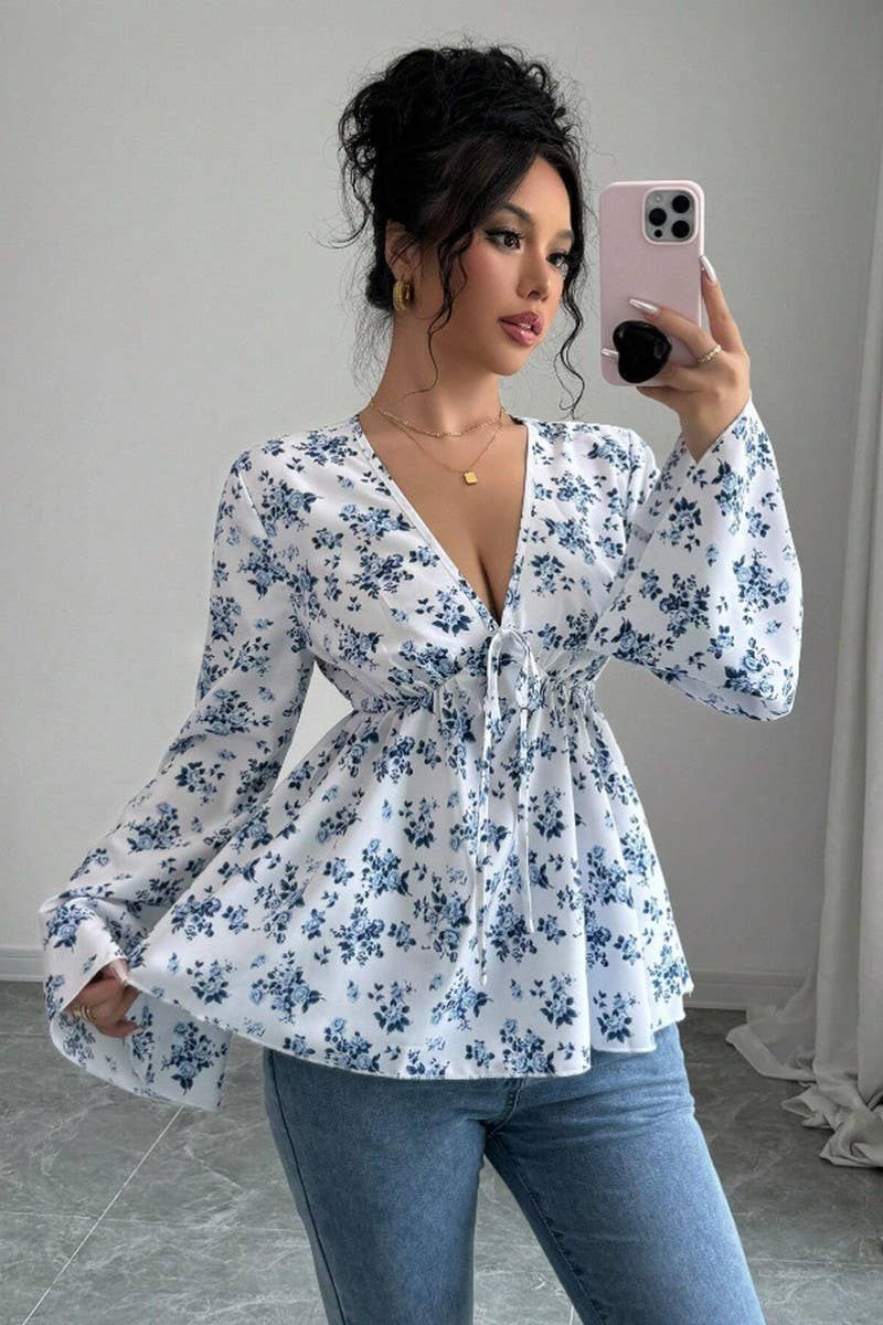 CWTBLL01068_V NECK FLORAL PRINT HIGH WAIST BLOUSE
