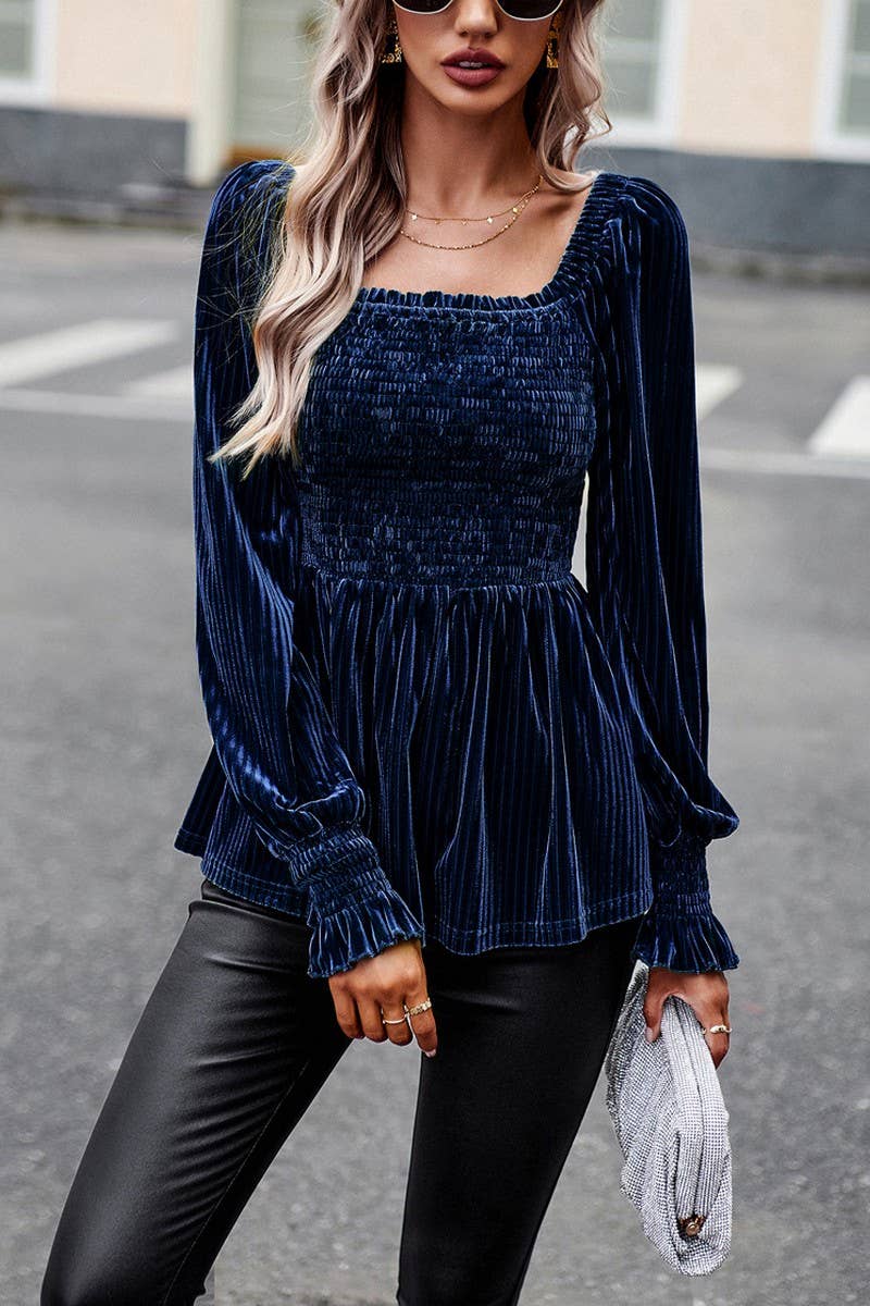 CWTBLL0391_Squre Neck Long Sleeve Smocking Detailed Top