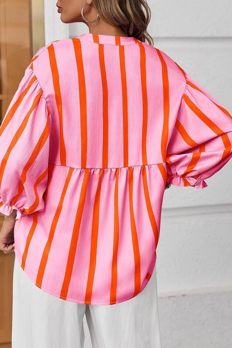 CWTBLL01203_2025 SUMMER FALL STRIPED PUFF SLEEVE BLOUSE
