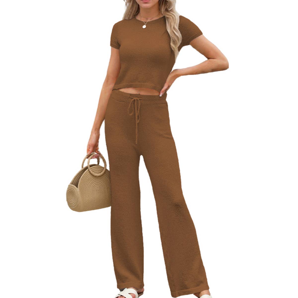 Casual solid color knit pants short sleeve suit