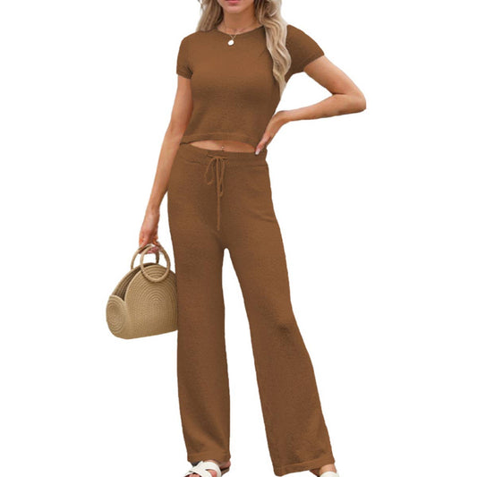 Casual solid color knit pants short sleeve suit
