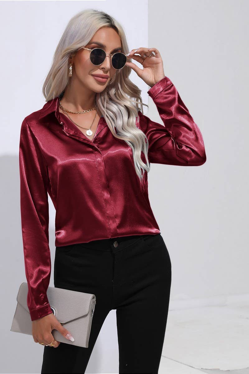 CWTBLL0692_Button Down Silky Satin Long Sleeve Top