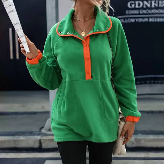 Fleece pullover hoodie with lapel button