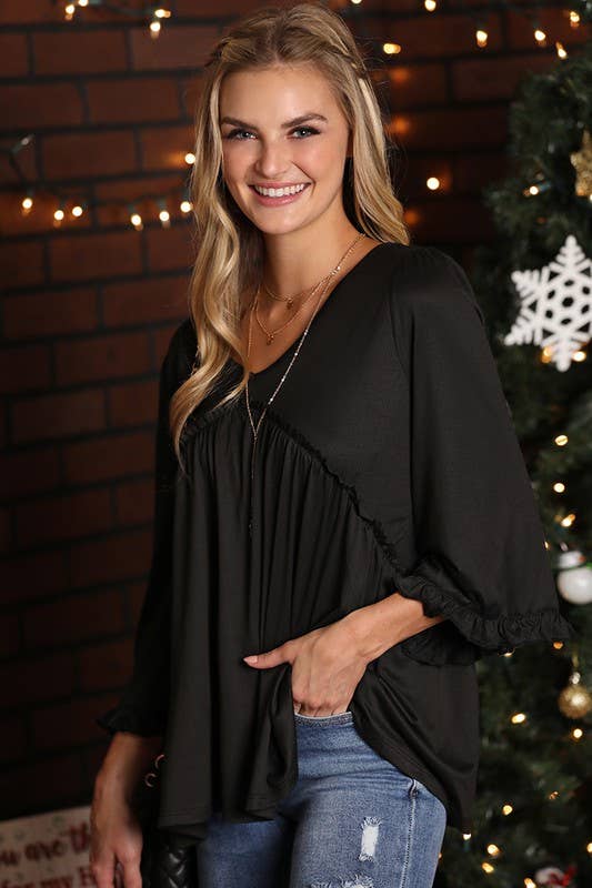 CWTTL1504_V-NECK WITH MINI RUFFLE DETAILED FLARE TOP