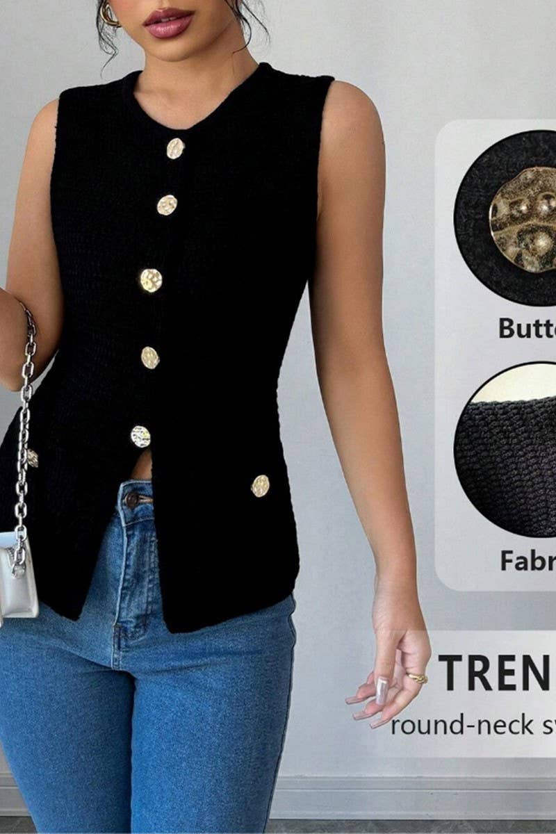 CWOCASL0045_SOLID COLOR SLEEVELESS BUTTON VEST CARDIGAN