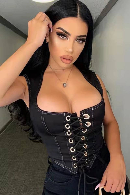 CWTBLSL01045_SEXY DENIM LACE UP FITTED TOP