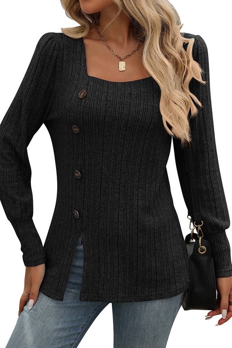 CWOSWL6829_SQUARE NECK BRUSHED SOLID COLOR LONG SLEEVE TOP