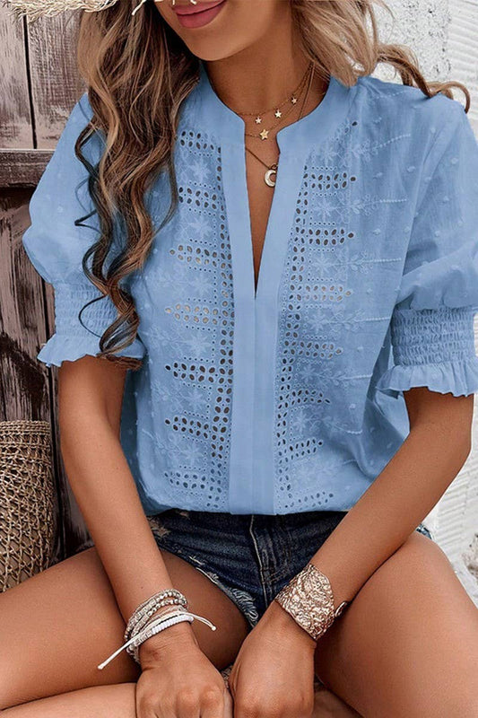 CWTTS00704_V-NECK CASUAL PULLOVER PUFF SLEEVE LOOSE T-SHIRT