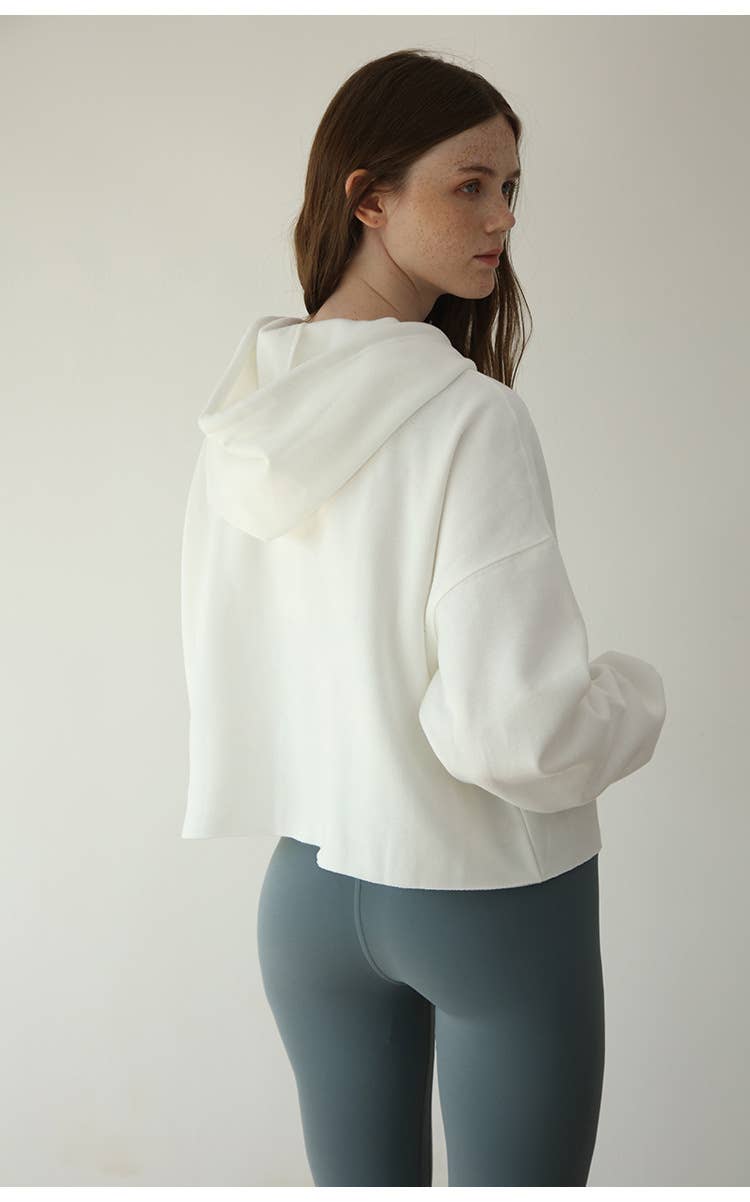 Fleece solid color sporty hooded sweatshirt