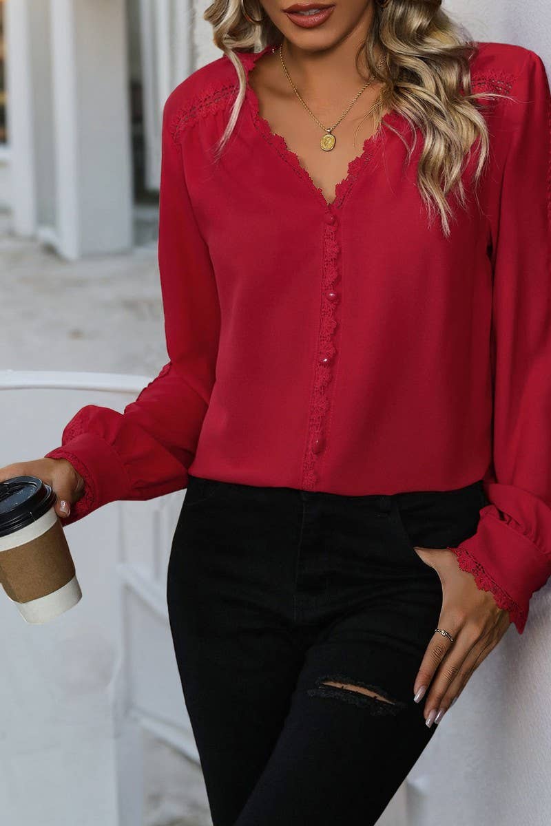 CWTBLL2280_V-NECK CASUAL LONG-SLEEVED RED SHIRT