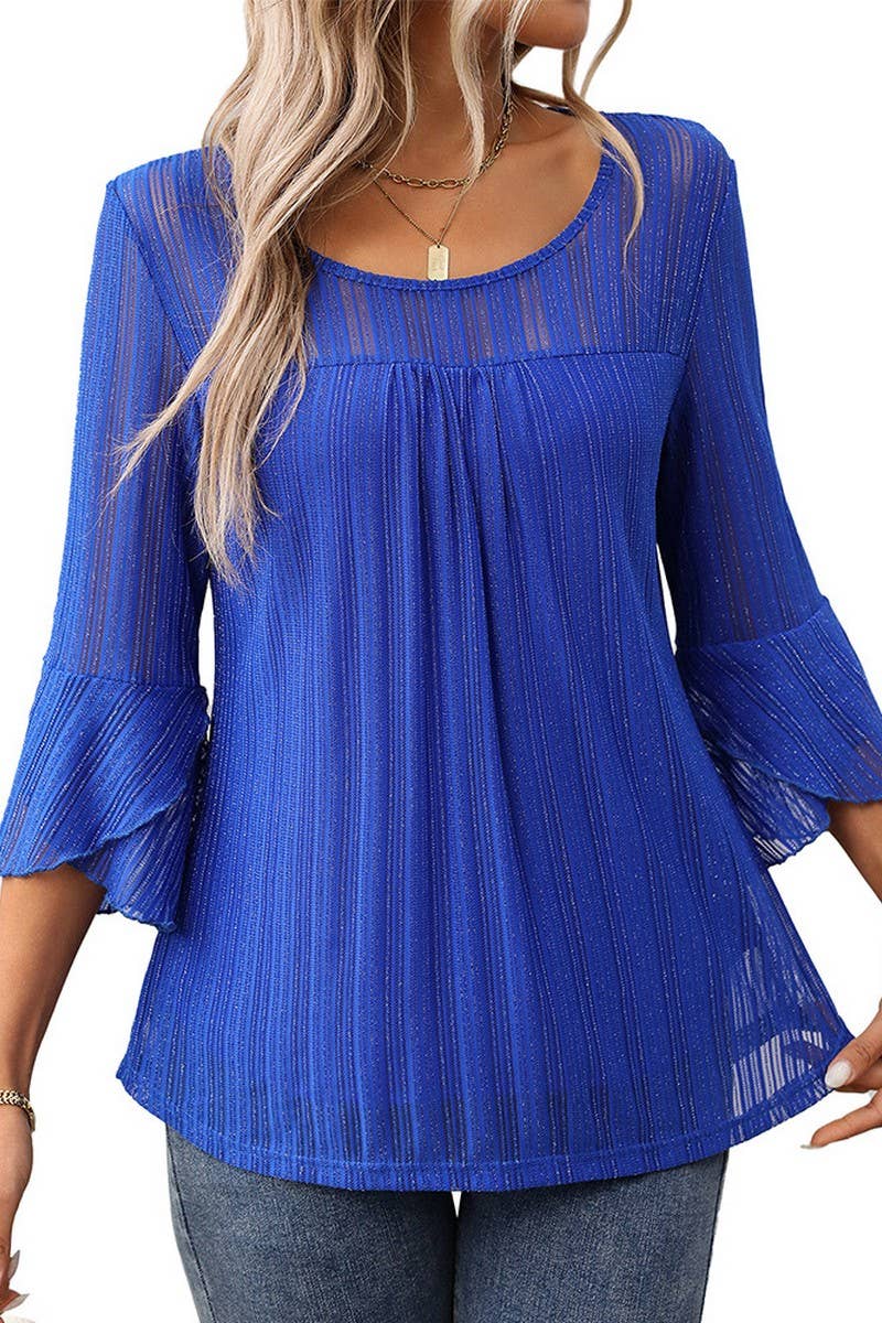 CWTBLL3696_ROUND NECK RUFFLE SLEEVE GLITTER MESH TOP