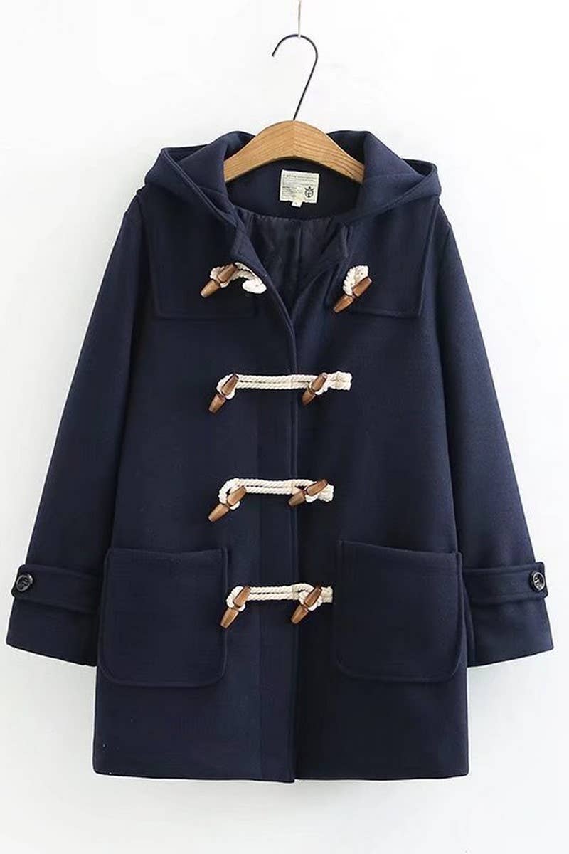 CWOCO0988_DOUBLE WOODEN BUTTON HOODED WOOLEN COAT