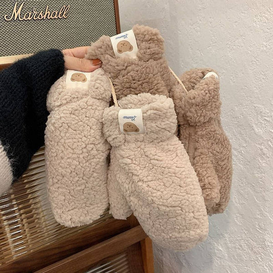 Cute Bear Fleece Mittens ? Warm Neck Strap Gloves_CWAG0178