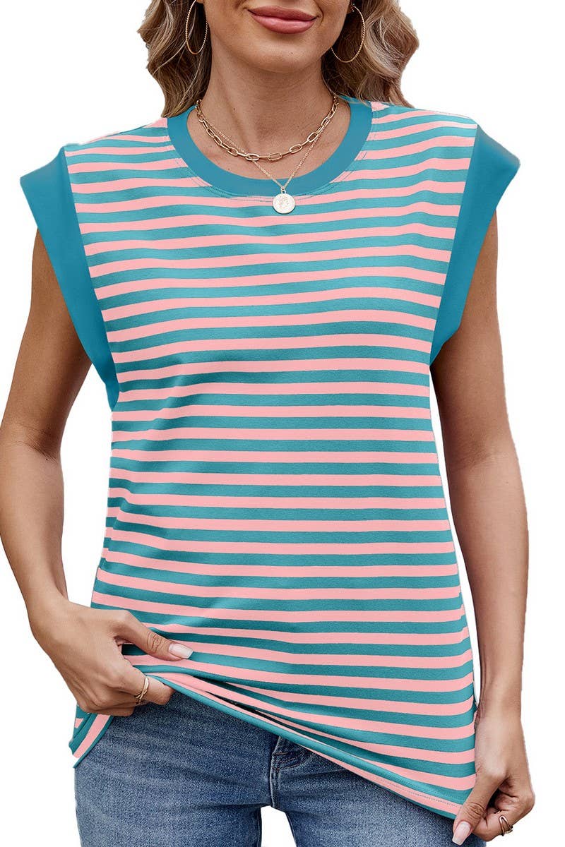 CWTTSL0295_STRIPED CONTRAST PANEL ROUND NECK SLEEVELESS TOP