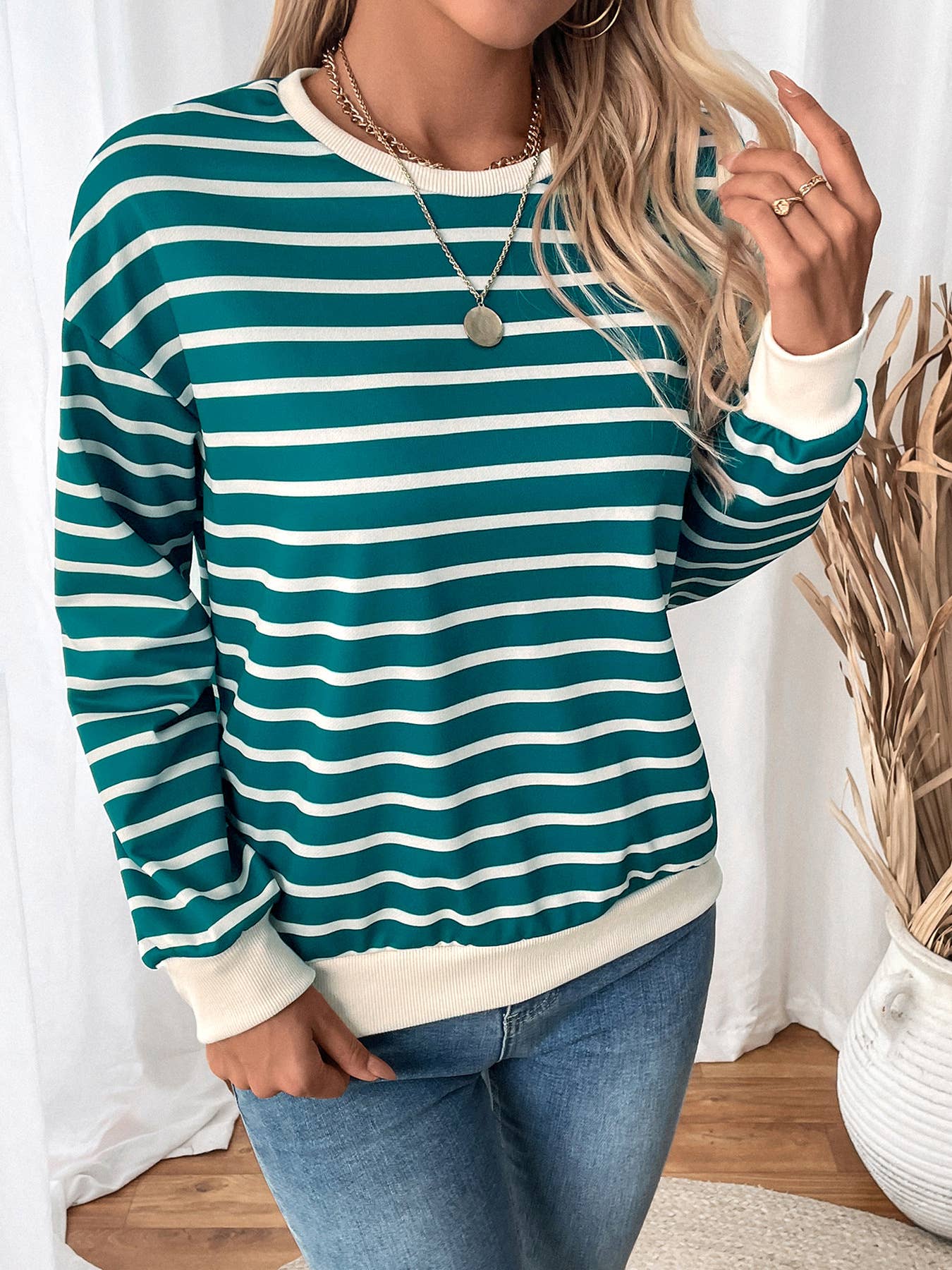 CASUAL TOP CREW-NECK STRIPED LONG-SLEEVED T-SHIRT