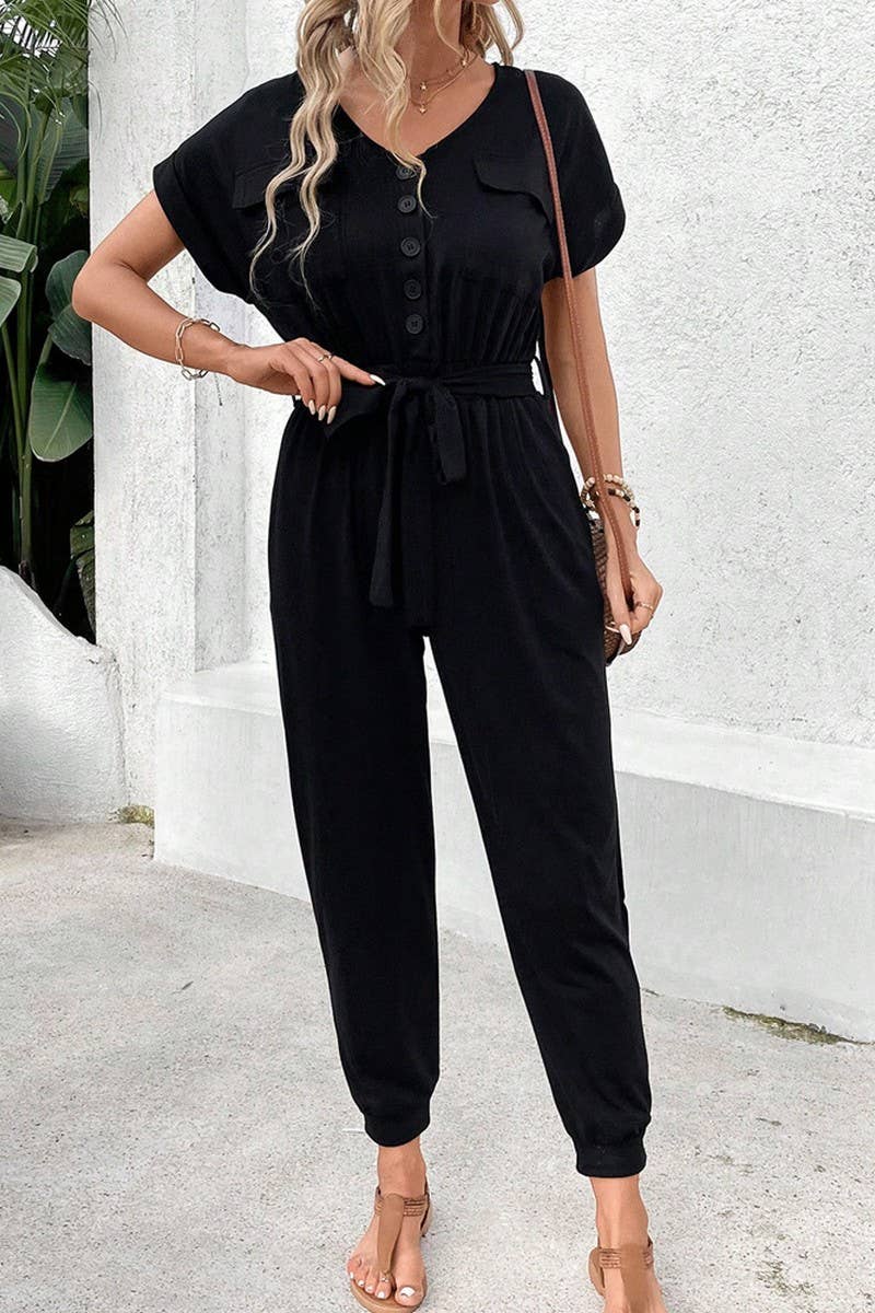 CWSJS1322_SUMMER CASUAL SHORT-SLEEVED BLACK JUMPSUIT
