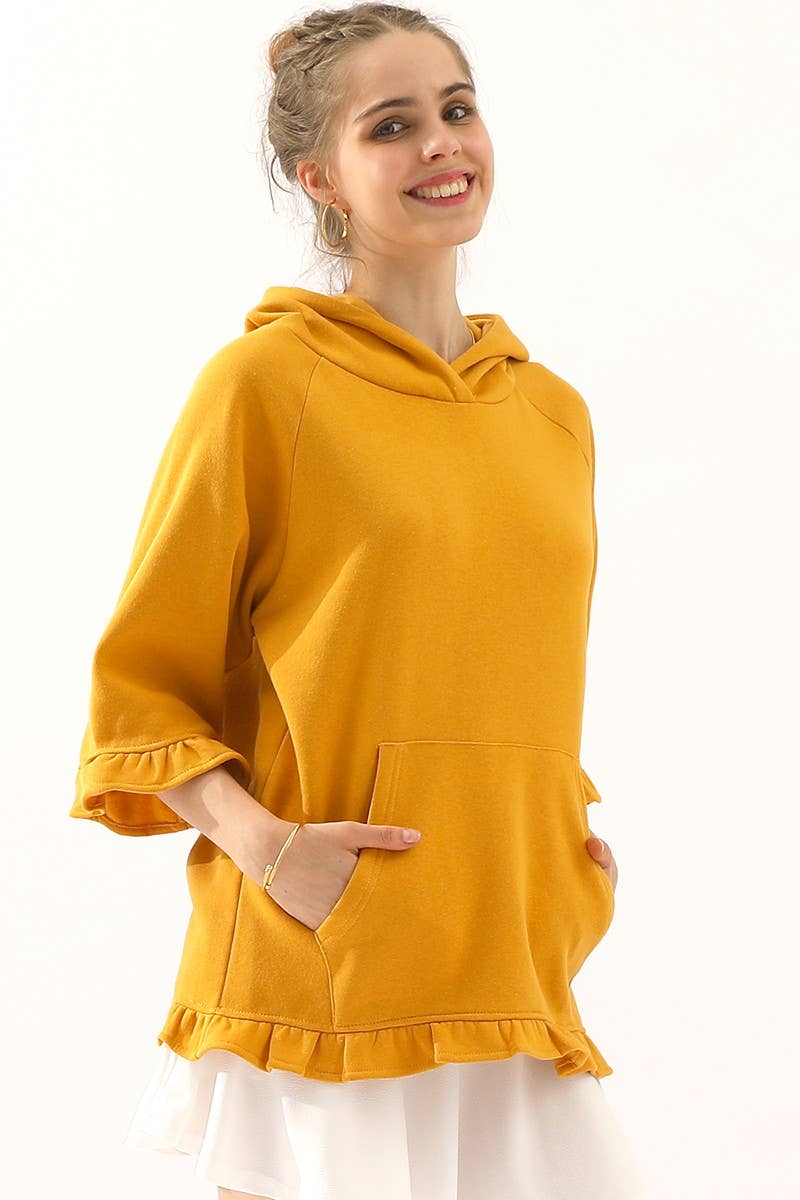 CWOHOL425_3/4 SLEEVE HOODIE SWEATSHIRT WITH KANGAROO POCKET