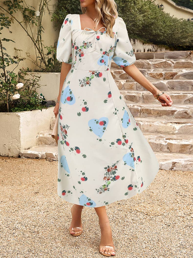 Floral Elegant Lantern Sleeve Dress
