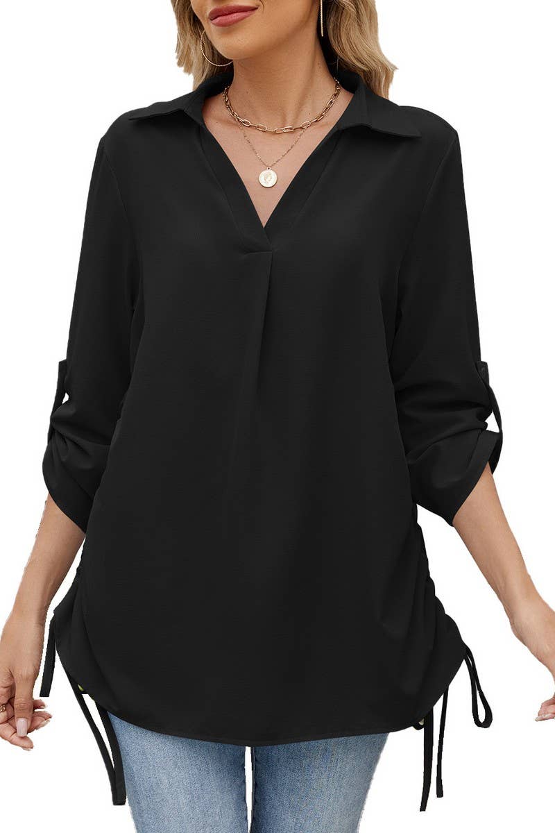 CWTSTL2787_SOLID COLOR LAPEL LOOSE SHIRT CHIFFON TOP