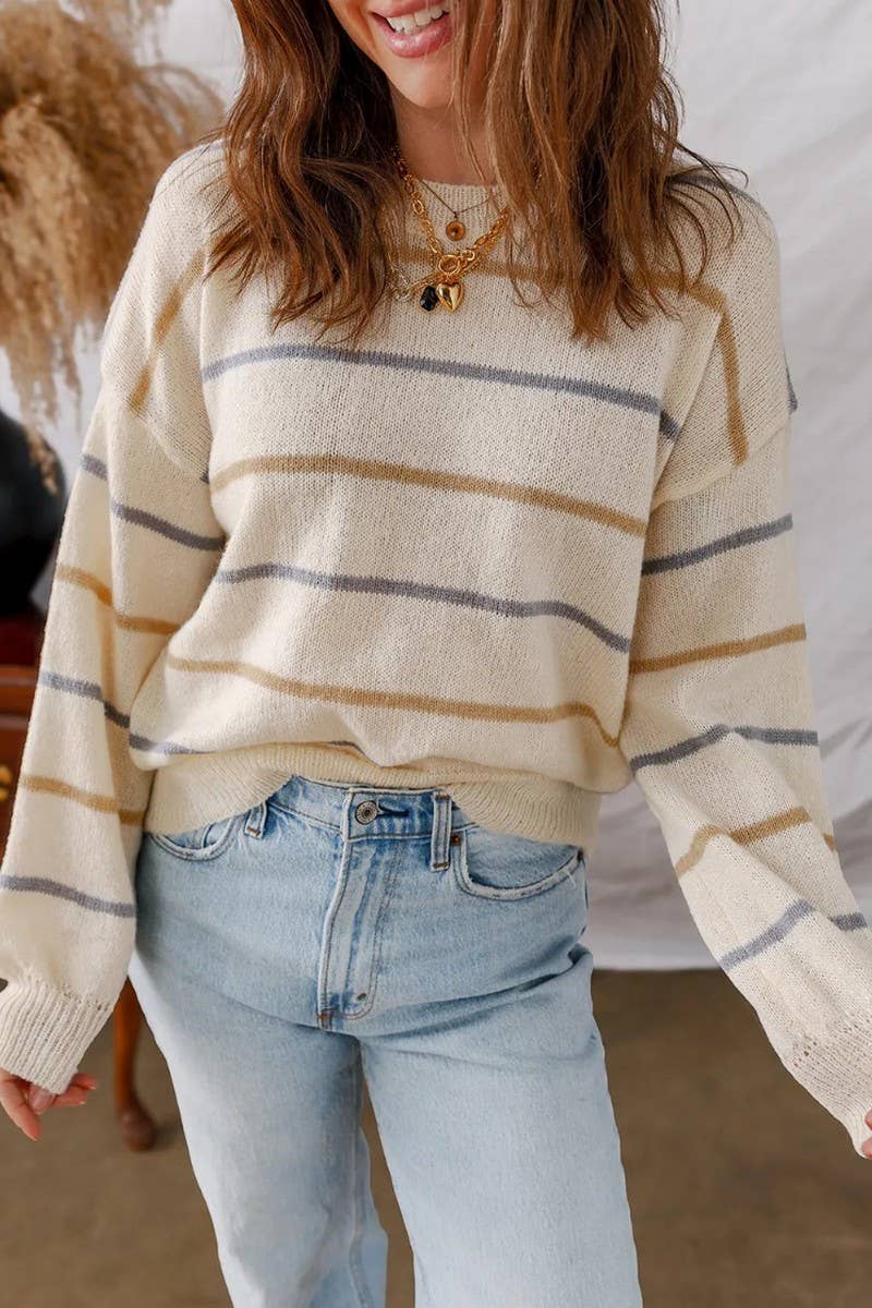 CWOSWL07153_CASUAL COLORFUL STRIPED LOOSE PULLOVER SWEATER
