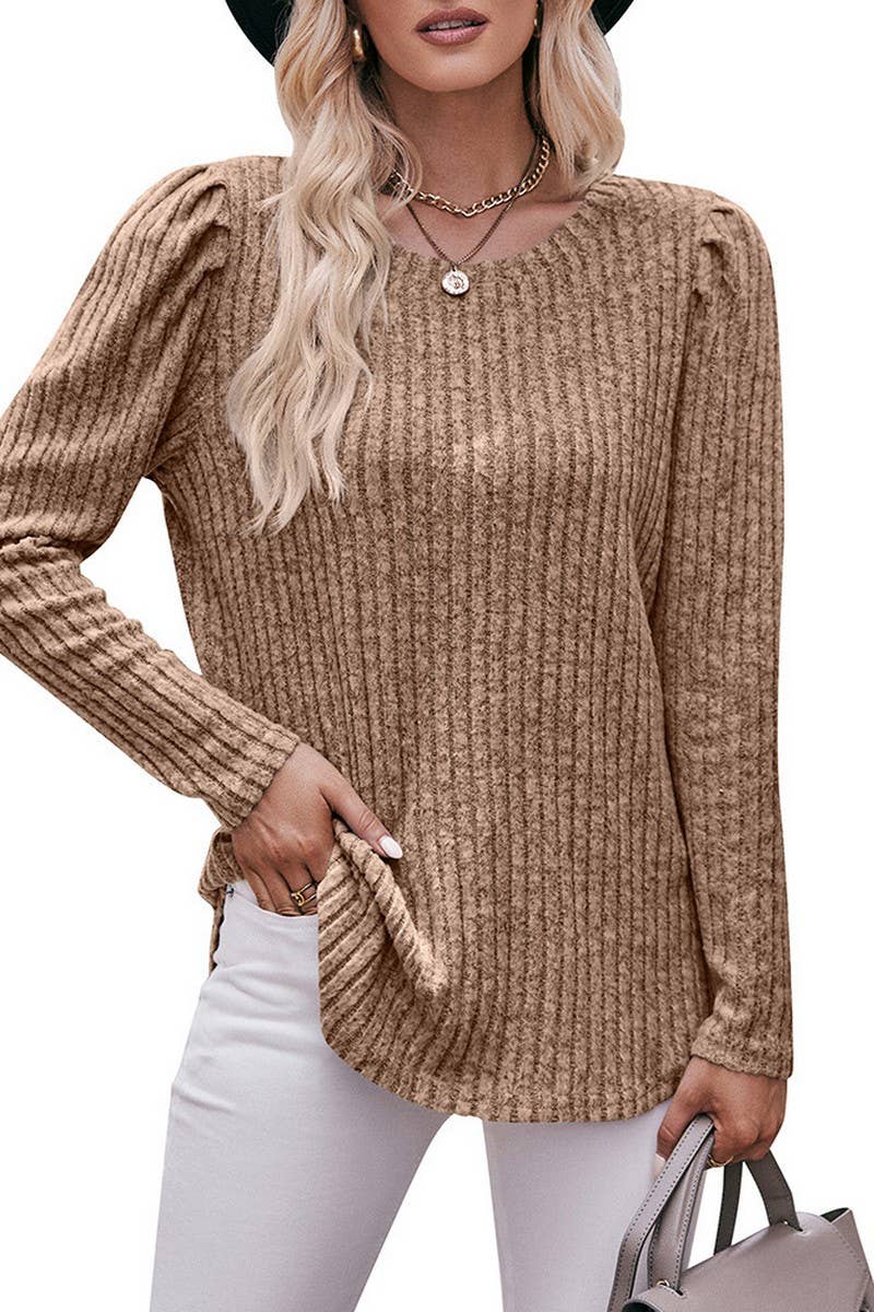 CWTBLL1832_ROUND NECK PUFF SLEEVE RIBBED SOLID COLOR TOP