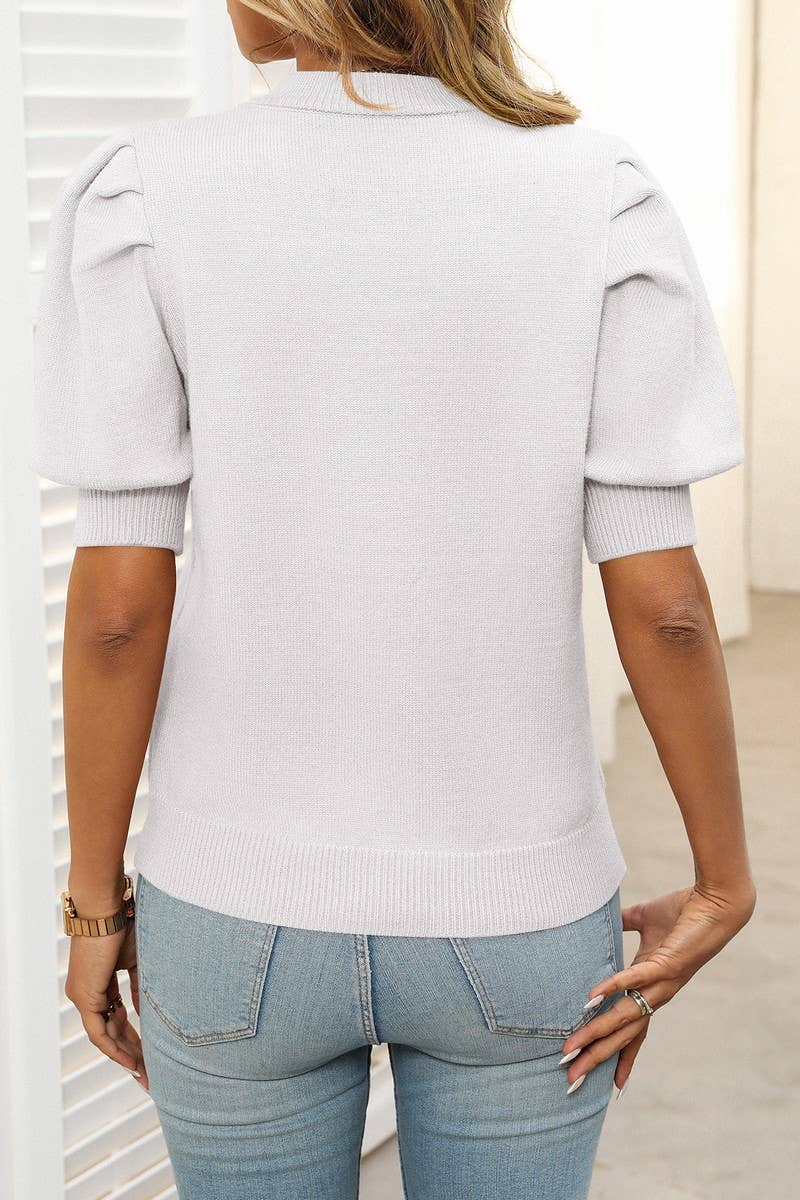 CWOSWS0126_SOLID COLOR ROUND NECK PUFF SLEEVE KNITTED TOP