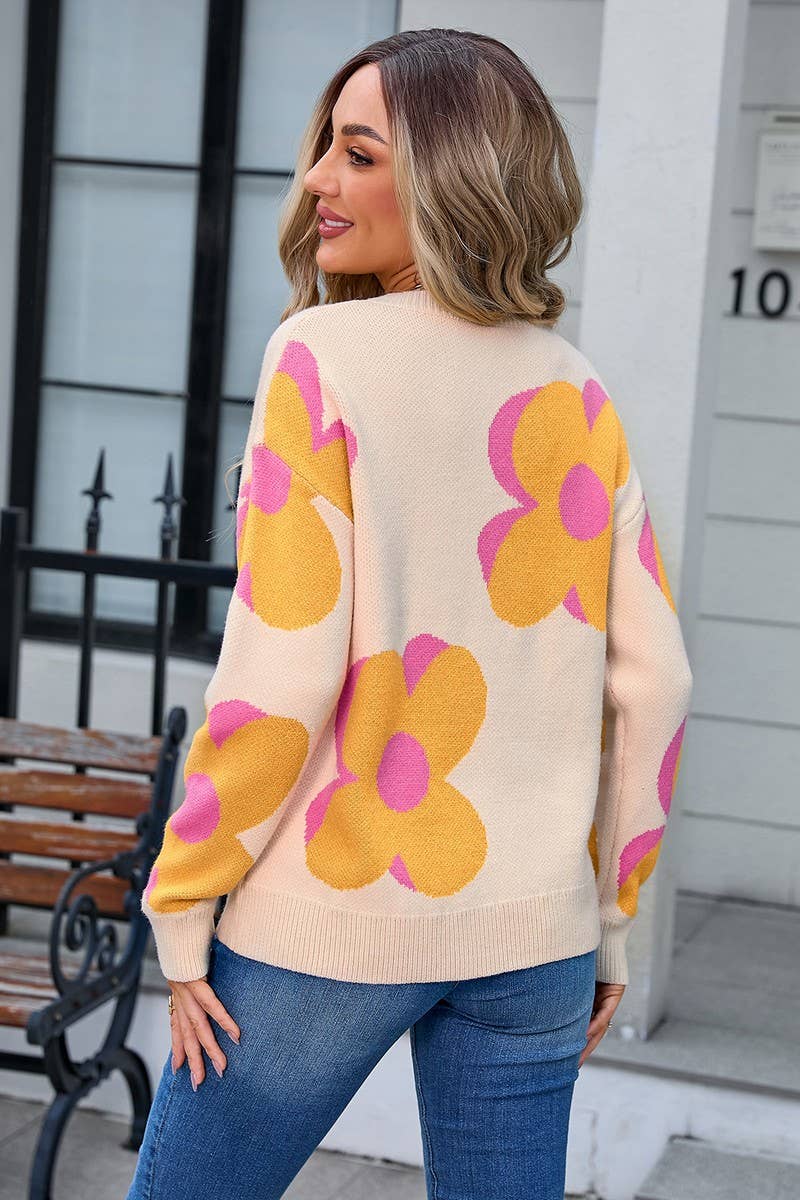 CWOSWL3067_LARGE FLOWER PRINT CREW NECK KNITTED SWEATER
