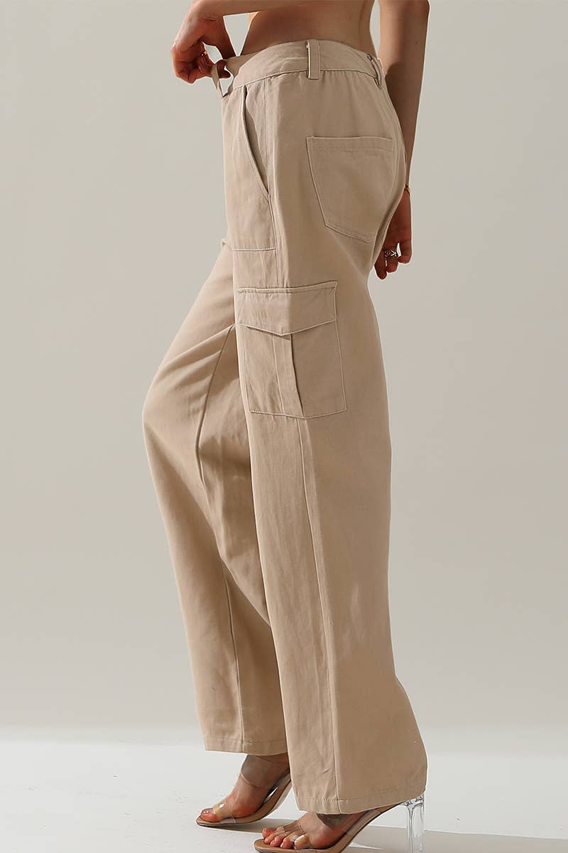 CWBLP421_Cargo Cotton Pants Wide Leg Casual Pants 4 Pockets
