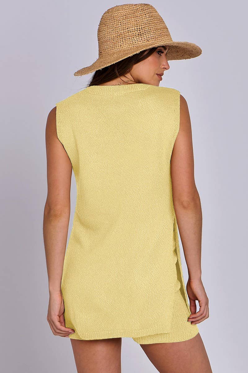 CWSTB1658_SOLID COLOR SLEEVELESS SHORTS KNITTED SUIT
