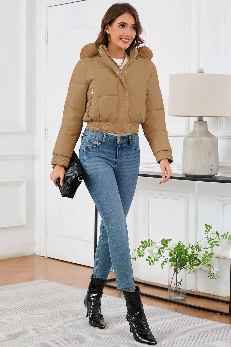 CWOCO0948_SHORT THICK FUR COLLAR HOODED PLUSH COTTON COAT