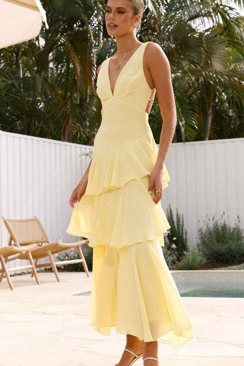 CWDMD6296_SUMMER FRENCH SLEEVELESS V-NECK CAKE DRESS