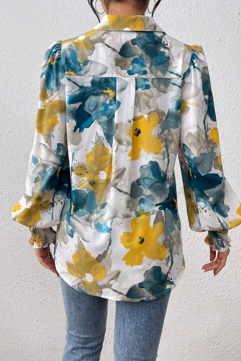 CWTSTL2885_PRINTED COLLARED PUFF SLEEVE LOOSE FIT SHIRT
