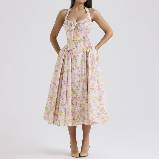 Chic high-end fit & flare backless halter dress