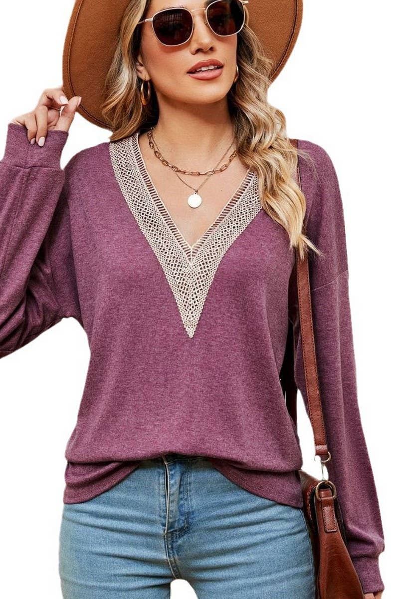 CWTBLL2393_LONG SLEEVE LACE V-NECK SOLID COLOR T-SHIRT TOP