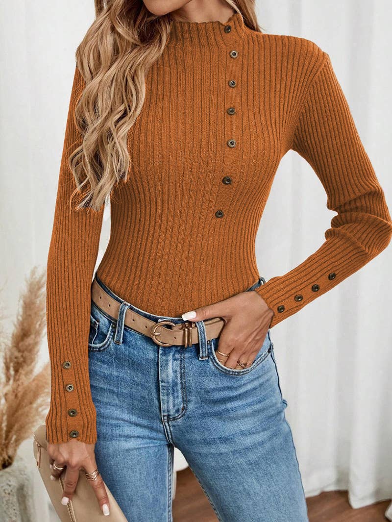 Button long-sleeved knitted base layer top