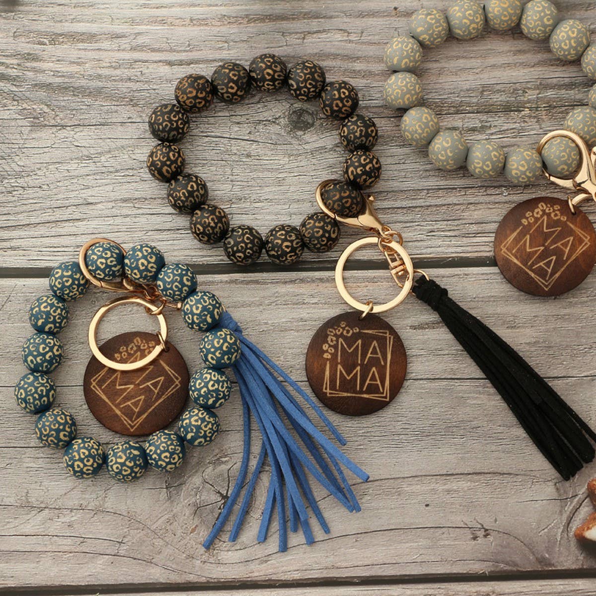 LEOPARD PATTERN WOODEN BEAD BRACELET KEYCHAIN
