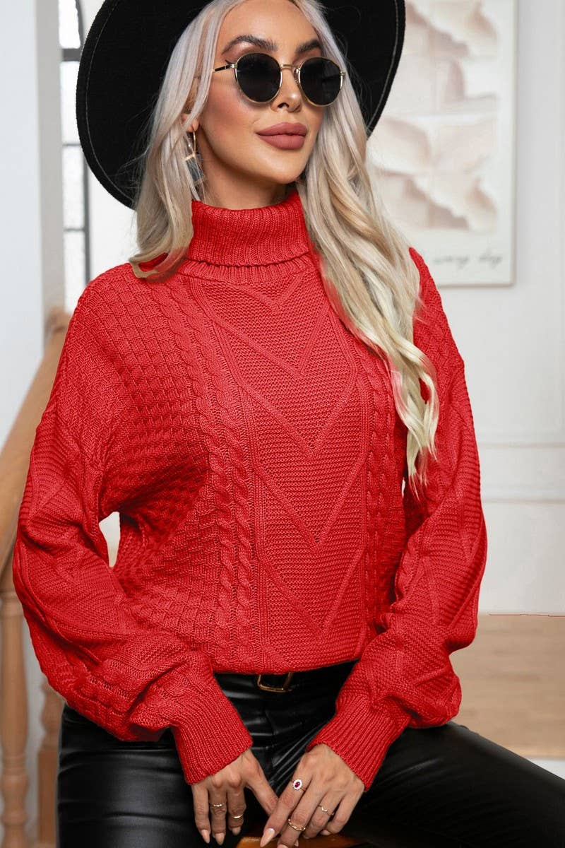 CWOSWL6862_AUTUMN AND WINTER HIGH COLLAR CABLE LOOSE SWEATER