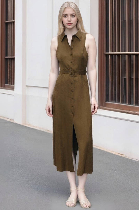 CWTDSSL0018_V-NECK SLEEVELESS BELTED SPLIT SHIRT MAXI DRESS