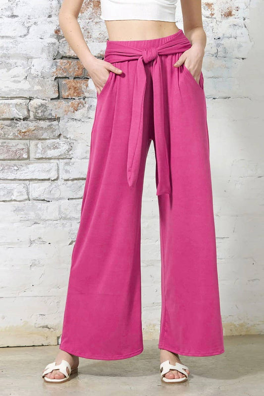 CWBLP1861_SOLID COLOR DRAPE LACE-UP WIDE-LEG PANTS