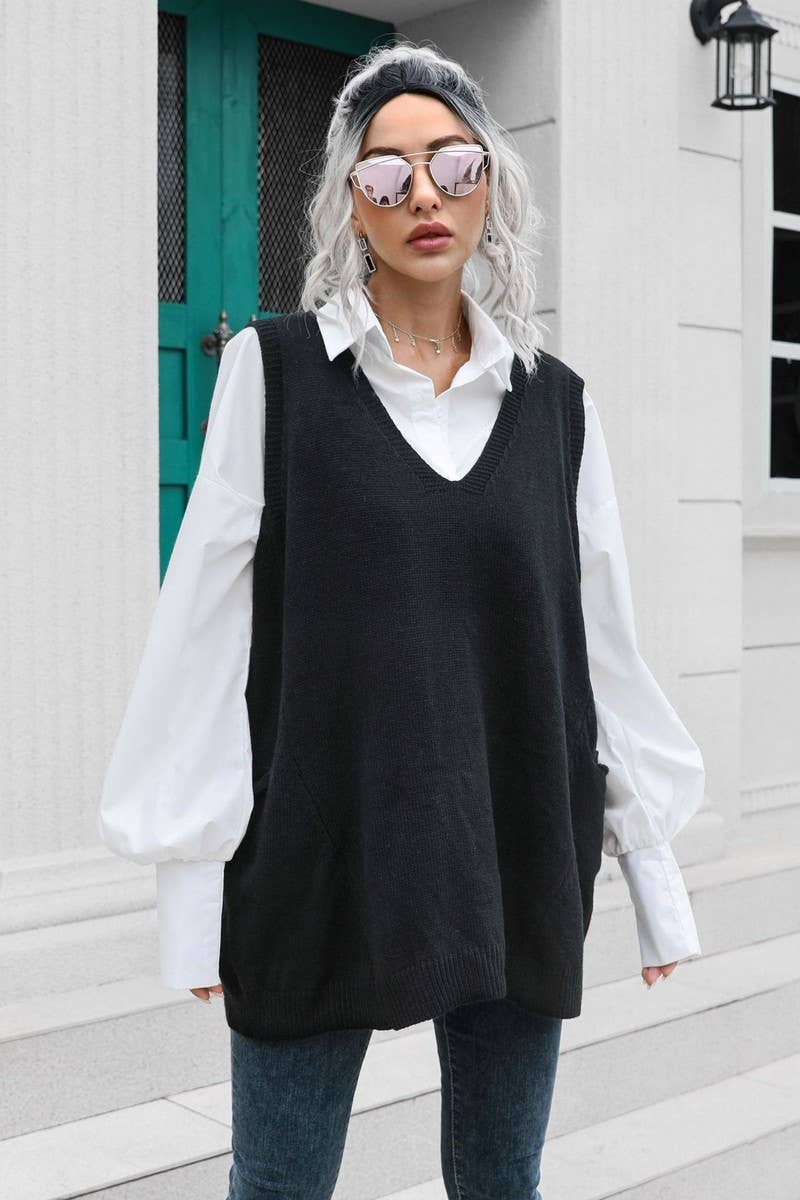 CWOV0691_V-NECK MID-LENGTH VEST LOOSE SWEATER VEST