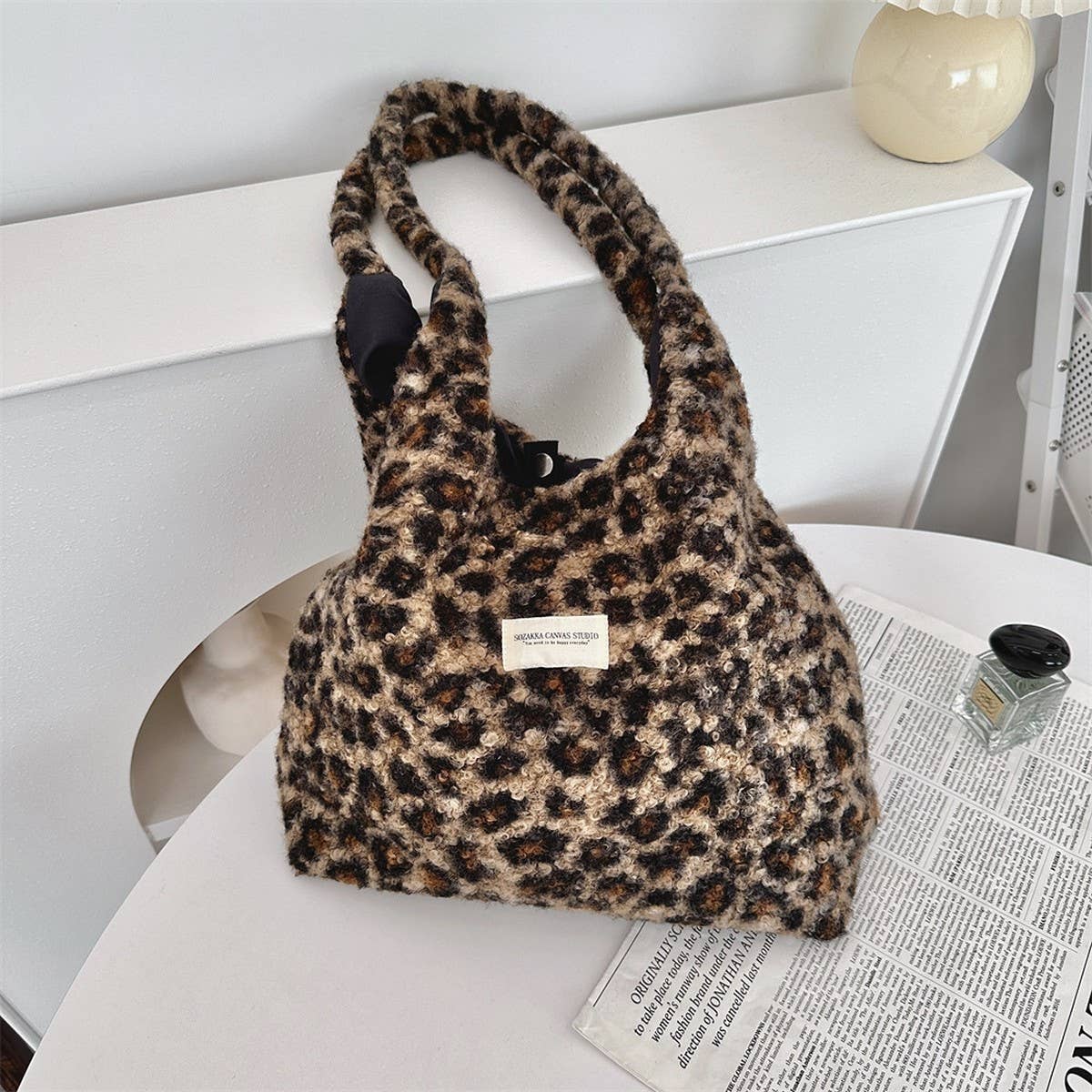 CWAB3900_PLUSH LARGE CAPACITY LEOPARD PRINT SHOULDER BAG