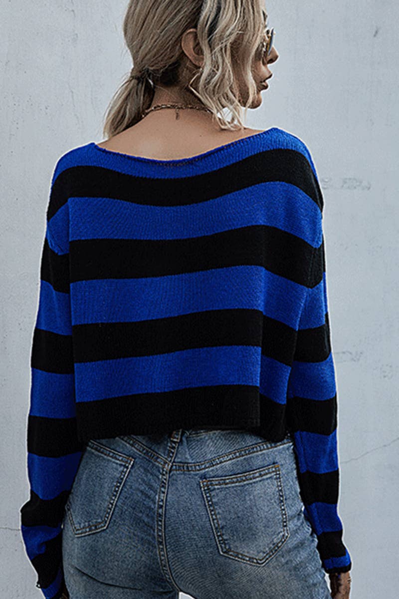 CWTSTL2722_STRIPED V-NECK LOOSE SHORT KNITTED SWEATER