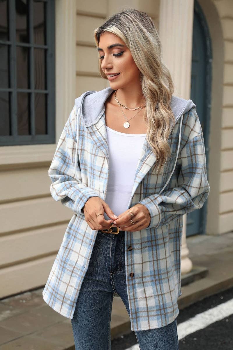 CWTSTL1709_PLAID COLOR MATCHING HOODED LONG-SLEEVED SHIRT