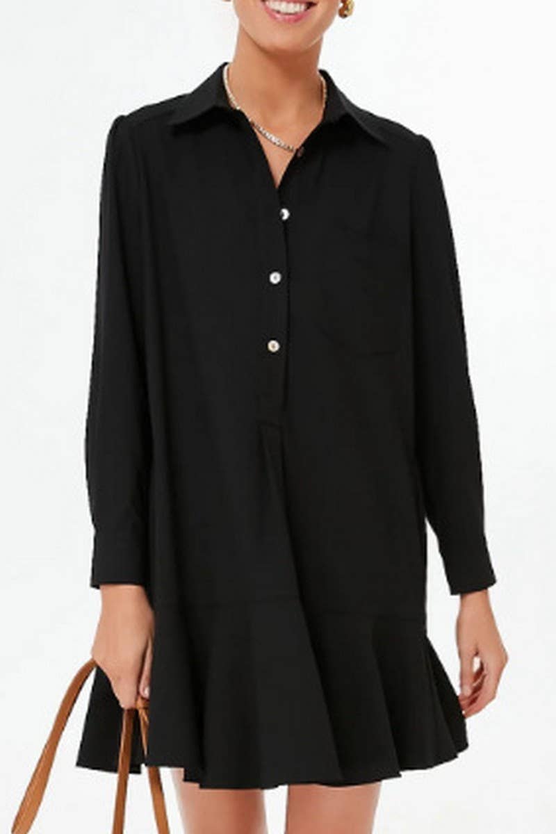 CWDSD8254_LONG SLEEVE SHIRT HEM RUFFLE DRESS