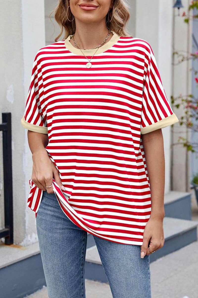 CWTTS1343_SUMMER STRIPED CONTRAST LOOSE SHORT SLEEVES