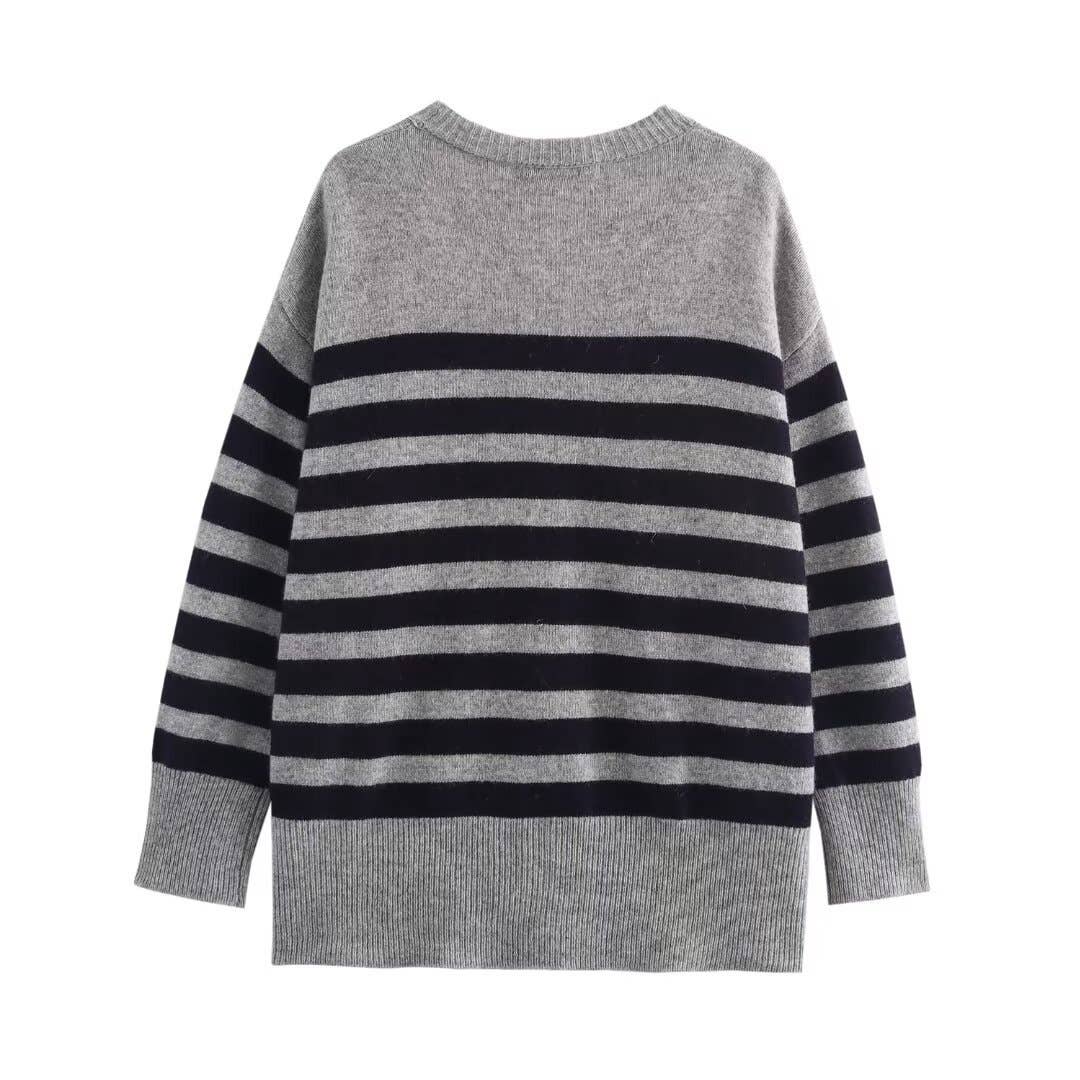 BIG V-NECK LOOSE SINGLE BREASTED STRIPED CARDIGAN