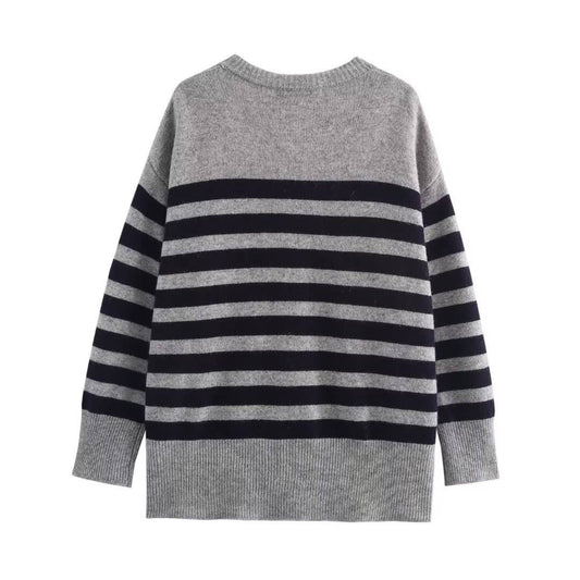 BIG V-NECK LOOSE SINGLE BREASTED STRIPED CARDIGAN