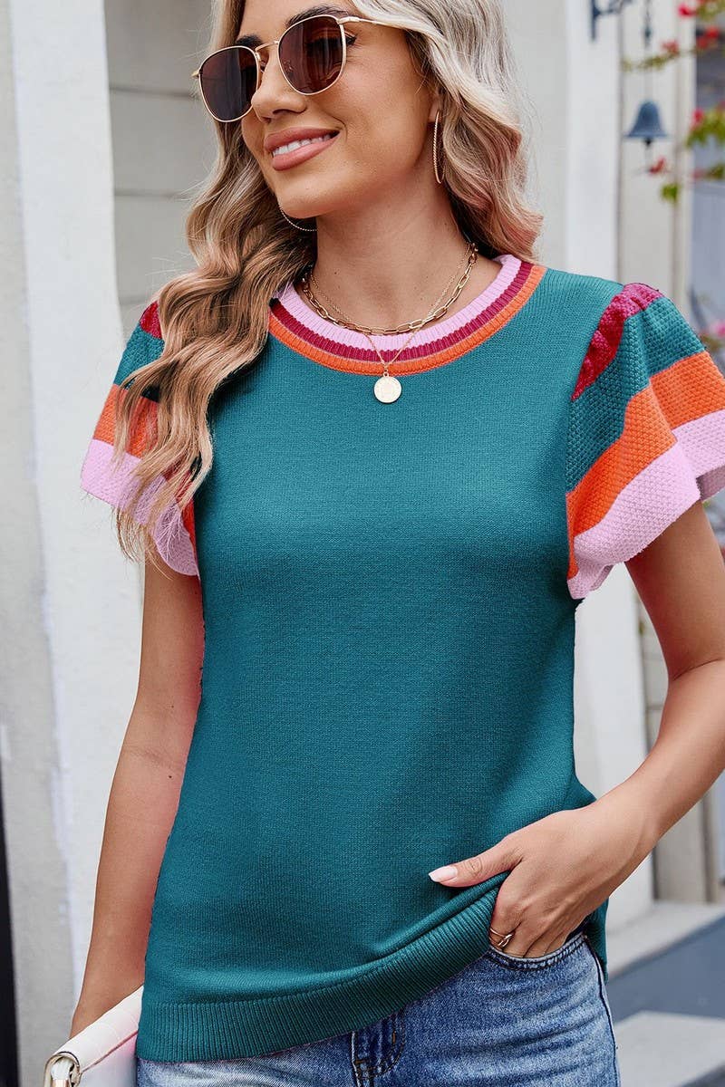 CWTBLS02498_COLORBLOCK STRIPED LOOSE SHORT-SLEEVED KNIT TOP