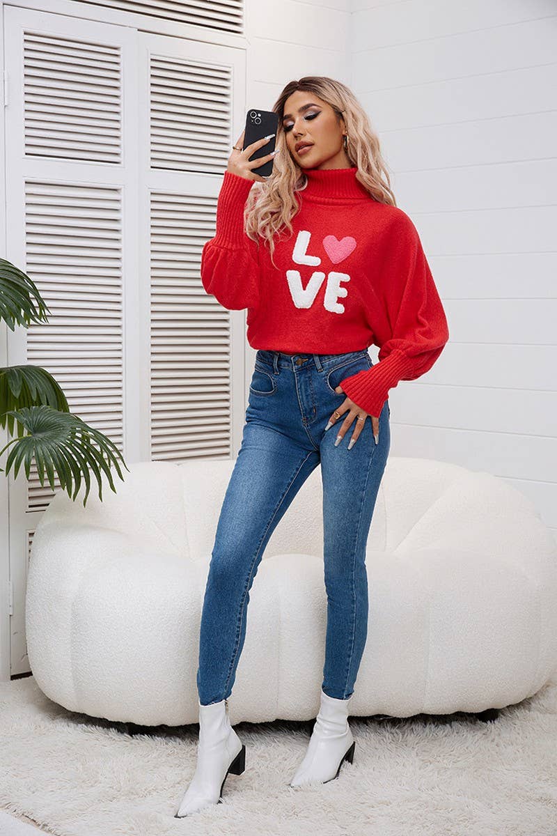 CWOSWL2442_LOVE HIGH COLLAR BAT SLEEVE PULLOVER KNIT TOP